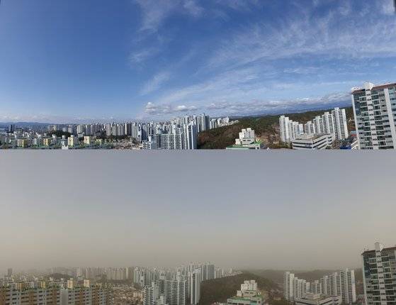 지난달 28일(위)과 29일(아래) 경북 포항시의 하늘. 하지만 중국은 미세먼지의 책임을 인정하지 않는다. 사진 뉴스1