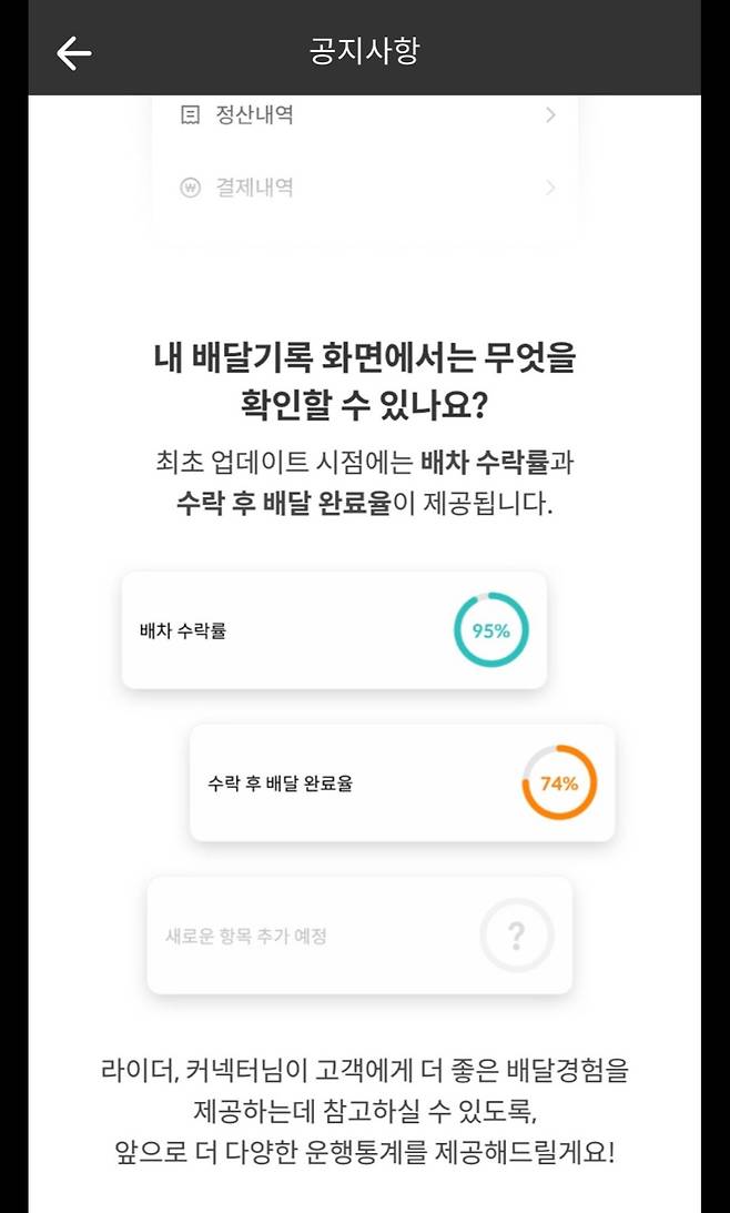 배달의민족은 29일부터 라이더 전용 앱 '배민커넥트'에 ‘배차 수락률’과 ‘수락 후 배달 완료율’을 표시한다. [배민커넥트 공지]