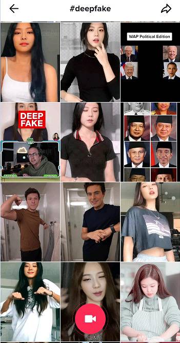 틱톡에 deepfake를 검색하면 블랙핑크 멤버 제니, 지수 등이 합성된 영상물이 다수 노출된다.[틱톡 캡처]