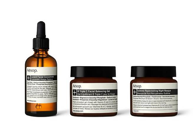 이솝 스킨케어 플러스 루센트 페이셜 컨센트레이트 60mL14만원, B 트리플 C 페이셜 밸런싱 젤 60mL 14만5천원, 서블라임 리플레니싱 나이트 마스크 60mL15만원.