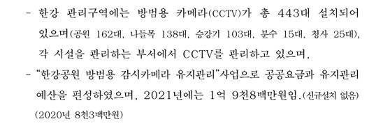 지난 2020년 발표한 2021년 한강사업본부의 세입·세출 예산안 보고서 내용. 2020년 기준 현재 공원 내 CCTV는 총 162개다.