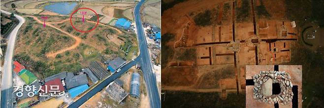 전북 고창 봉덕리 고분은 구릉을 반으로 깎아 무덤을 계속 조성하는 그 지방 유력자 가문의 선산이었다. 금동신발이 출토된 4호석실(오른쪽 작은 사진)은 1호분의 정상부에서 확인됐다.|원광대 마한백제문화연구소 제공