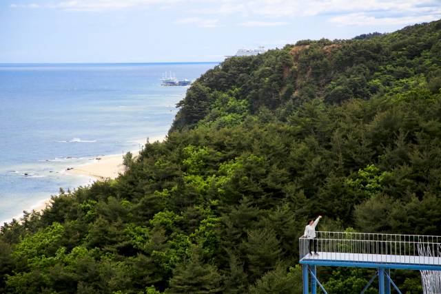 하슬라아트월드 현대미술관 밖에 설치된 난간에서 한 관광객이 포즈를 취하고 있다. 그 뒤로 동해 바다와 정동진의 명물 썬크루즈가 보인다.