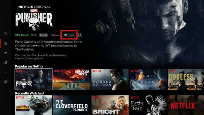 돌비 비전을 지원하는 넷플릭스 영상. 영상 정보란에 돌비 비전 로고가 뜬다 (출처=엑스박스 와이어)