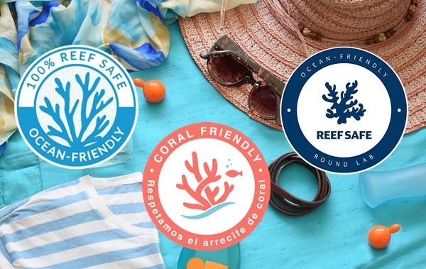 산호초에 유해한 성분이 없음을 나타내는 다양한 '리프 세이프' 마크.