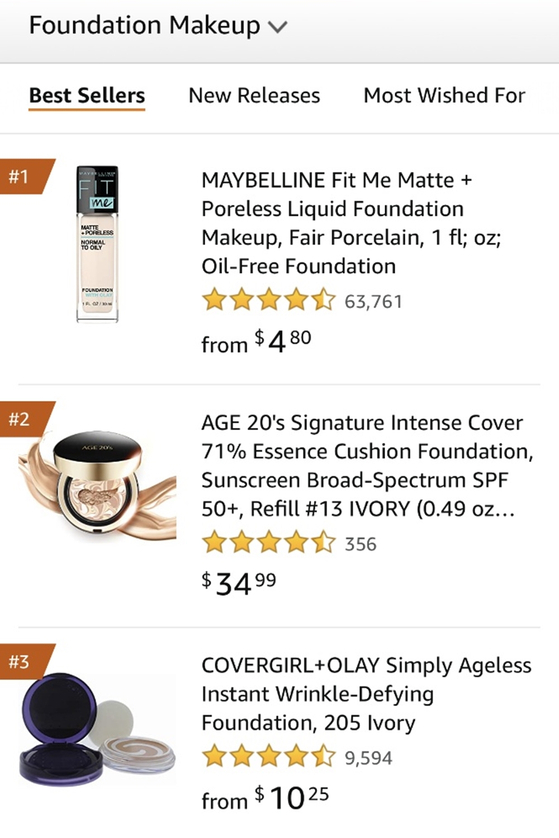 Aekyung Industrial’s Age20’s Signature Essence Cover Pact ranked No.2 in foundation category on Amazon last month. [AEKYUNG INDUSTRIAL]