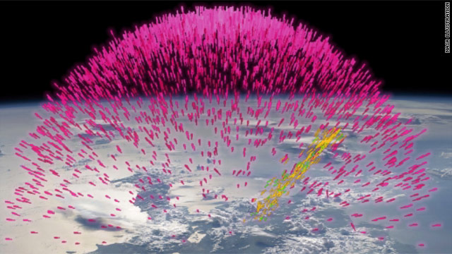 지구에서 우주로 방출되는 반물질 이미지.  NASA 제공