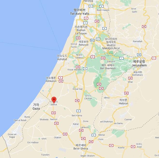 팔레스타인 무장집단이 장악한 가자(Gaza) 지구와 이스라엘 남부 지도/구글 지도