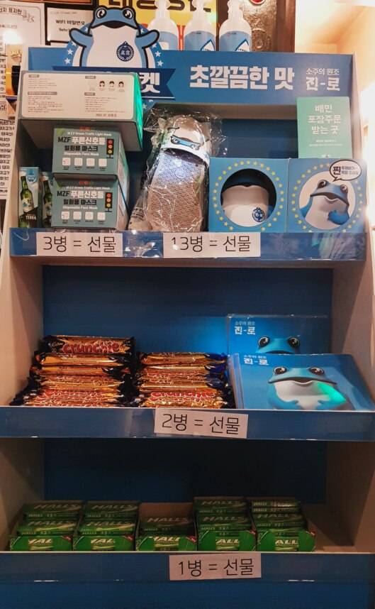 제주 제주시의 한 술집에서 하이트진로가 두꺼비 기념품 행사를 열고 있다. 진로 13병을 마시면 두꺼비 슬리퍼 등을 제공한다.