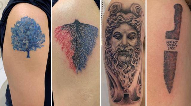 그가 시술한 타투들. 왼쪽부터 첫 번째와 두 번째 사진은 한 사람의 양 팔뚝에 새긴 것으로 고객의 요구대로 본인의 외면과 내면을 나무와 뿌리로 표현했다. 세 번째 타투는 제우스 신을 형상화한 것이다. 네 번째는 젊은 셰프에게 시술한 칼 모양 타투. “녹슨 나이프처럼 나이 들어도 셰프로 남고 싶다”는 고객의 바람이 담겼다. 녹슨 칼의 질감이 잘 살았다. 조명신 제공