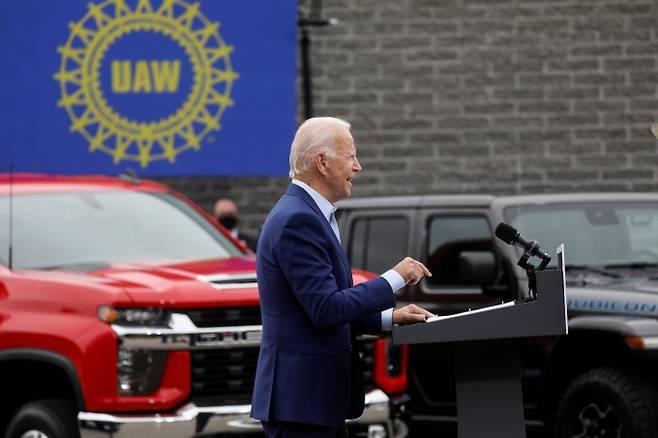 조 바이든 미국 대통령이 자동차산업의 심장 미시건주를 방문, 연설하고 있다. /사진=로이터