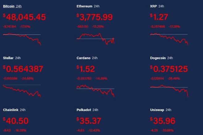 머스크 폭탄 선언에 일제히 하락한 가상화폐. 코인데스크 홈페이지 캡처