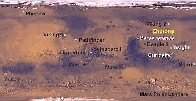 중국의 화성 탐사로버 ‘주룽’ 착륙지점(노란색 글자). NASA/ABC