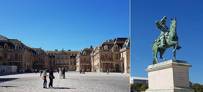 베르사유 궁전 전경(왼쪽). 오른쪽은 궁전 앞 광장에 세워진 루이 14세 동상이다. /사진=송경은 기자