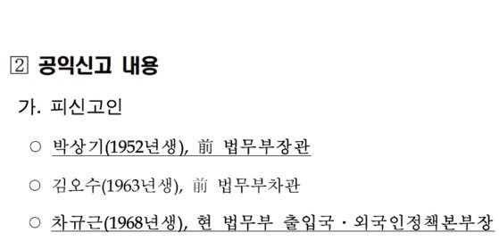 김학의 전 법무부 차관에 대한 법무부의 불법 사찰 의혹 등을 제기한 공익신고서 내용 중 일부. 김오수 검찰총장 후보자가 피신고인 중 한명으로 적혀 있다. 중앙포토