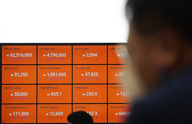 A digital board shows cryptocurrency prices at Bithumb on Friday. (Yonhap)