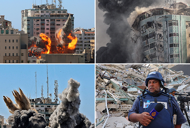 이스라엘군이 AP통신과 카타르 국영 알자지라 등 외신 입주건물에 폭격을 가했다. AFP통신은 15일(현지시간) 이스라엘군 공습으로 가자지구 내 12층 건물이 무너졌다고 보도했다./AFP, EPA 연합뉴스