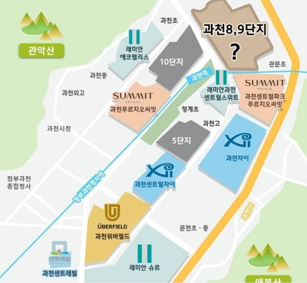 과천 일대의 재건축 단지 배치도/