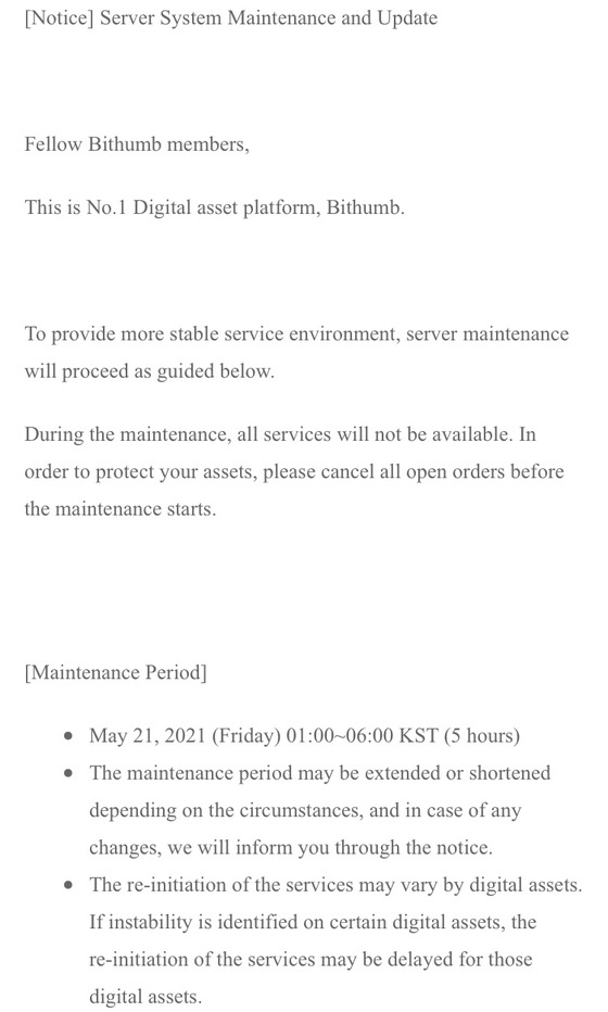 A screen capture of Bithumb's notice bulletin announcing its system maintenance scheduled for Friday. [SCREEN CAPTURE]