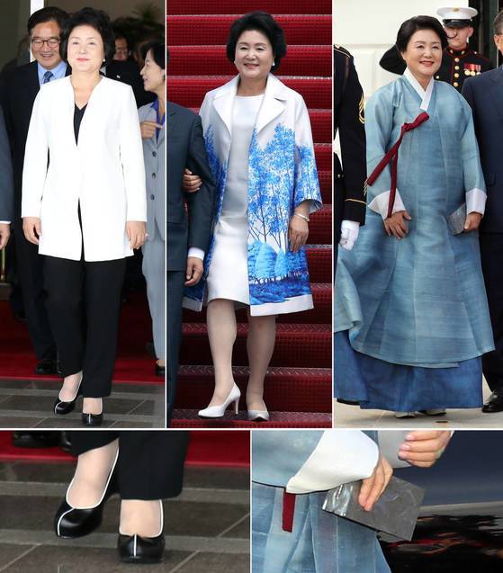 2017년 문재인 대통령의 첫번째 방미 때 동행했던 김정숙 여사. 당시 김여사는 "방미 기간 편안함, 신뢰, 희망을 나타내는 파란색을 강조할 것"이라며 한복과 직접 만든 소품 등을 착용했다. 연합뉴스