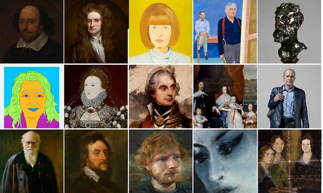 국립중앙박물관 ‘시대의 얼굴’전에선 윌리엄 셰익스피어(1564~1616)부터 에드 시런(1991~)까지 500년을 넘나들며 초상화의 의미를 살펴본다. 초상화를 소장한 영국 국립초상화미술관이 일시 휴관에 들어가면서 상당수 작품이 처음 영국 밖으로 나올 수 있었다. 그림 맨 윗줄 왼쪽부터 윌리엄 셰익스피어, 아이작 뉴턴, 애나 윈터, 데이비드 호크니, 윌리엄 어니스트 헨리, 자하 하디드, 엘리자베스 1세, 호레이쇼 넬슨, 아서 캐플 남작 가족, 팀 버너스 리, 찰스 다윈, 토머스 하워드, 에드 시런, 에이미 와인하우스, 브론테 자매.  영국 국립초상화미술관·국립중앙박물관 제공