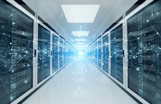 A visual concept image of connection network in white servers data center room storage systems (123rf)