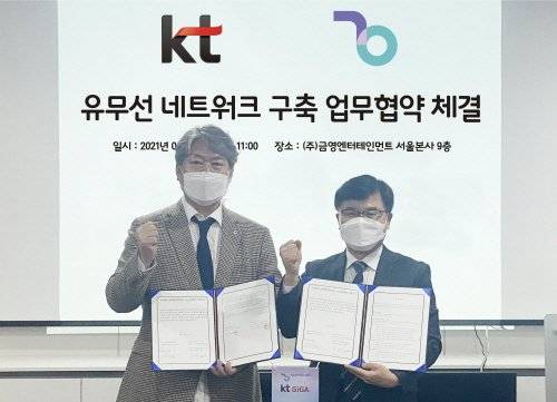 사진: ㈜금영엔터테인먼트와 KT는 ‘노래방 인터넷보급ㆍ디지털대전환’ 사업 협력을 위한 업무협약(MOU)을 체결했다. 좌측 ㈜금영엔터테인먼트 대표이사 김진갑, 우측 KT부산법인고객담당 이재우 단장.