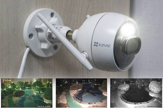 왼쪽에서부터 CX3 야간 비전 모드, 빌트인 LED 야간 비전, 일반 흑백 비전 모드. 출처=이지비즈.