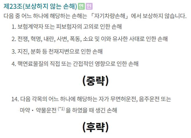 손해보험협회의 자동차보험 표준약관에는 자차보험과 관련해 ‘보상하지 않는 손해’의 목록이 열거돼 있는데, 12대 중과실 중 이 목록에 포함된 것은 음주운전이나 무면허운전 정도다. [손해보험협회 자동차보험 종합포털 캡처]