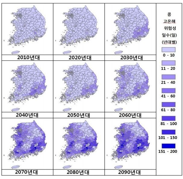 (자료 : 국립식량과학원, RCP8.5 시나리오에 따라 고온에 콩이 입는 피해일수를 연도별로 나타낸 것)