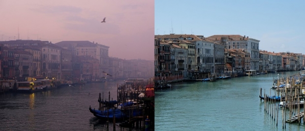 지난 2018년 1월 6일(사진 왼쪽)과 2020년 4월 17일 촬영된 이탈리아 베네치아 운하. 사진=로이터 연합뉴스