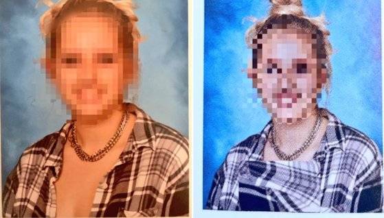 왼쪽이 원본 사진, 오른쪽이 학교가 포토샵한 사진이다. [트위터 캡처]