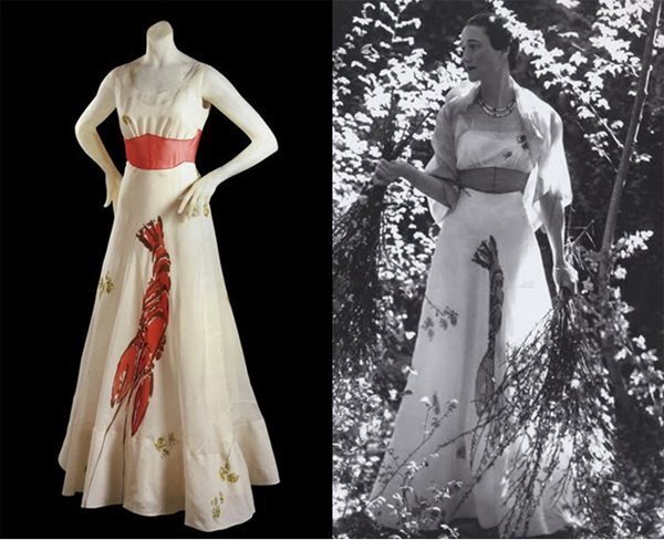 엘사 스키아파렐리의 살바도르 달리(Salvador Dali)와 작업한 랍스터 드레스(좌), 랍스터 드레스를 입은 심프슨부인(우)(1937)ⓒ위키피디아