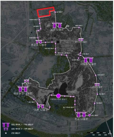 북쪽으로 더 넓어지는 용산공원 정부가 미국대사관 이전 예정부지(그림 빨간 도형) 중 대사관 직원 숙소 부지를 인수하기로 함에 따라 공원 면적이 3만㎡ 이상 넓어지고 북측 접근성도 개선될 전망이다.   그림은 용산공원 국제공모 당선작에서 제시된 공원 출입구. 공원 북측에는 미대사관 이전 부지 때문에 출입구가 없다. (서울=연합뉴스)