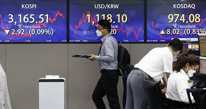 코스피가 전 거래일(3168.43)보다 2.92포인트(0.09%) 내린 3165.51에 마감한 27일 오후 서울 중구 하나은행 딜링룸에서 딜러들이 업무를 보고 있다. 이날 코스닥지수는 전 거래일(966.06)보다 8.02포인트(0.83%) 오른 974.08에, 서울 외환시장에서 원·달러 환율은 전 거래일(1116.9원)보다 1.2원 오른 1118.1원에 거래를 마쳤다./사진=뉴시스