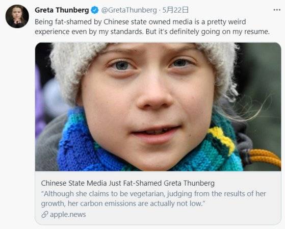 그레타 툰베리는 "중국 국영미디어로부터 내가 살이 쪘다고 모욕을 당한 것은 꽤 이상한 경험이었다"면서 "이 사실은 내 이력서에 반드시 들어갈 것"이라는 글을 올렸다. [트위터]