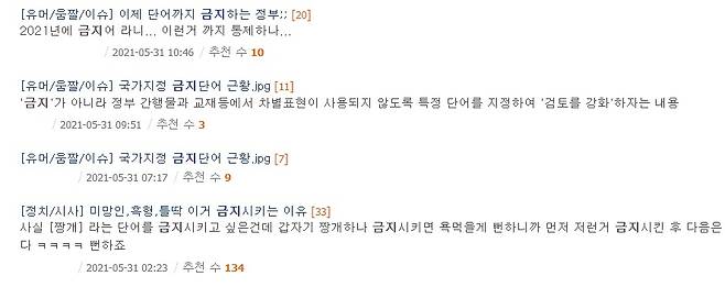 '단어까지 금지하는 정부?' '정부가 미망인, 흑형, 결정장애, 틀딱 등의 단어를 법으로 금지했다'고 주장하는 게시물 [출처: 온라인 커뮤니티]