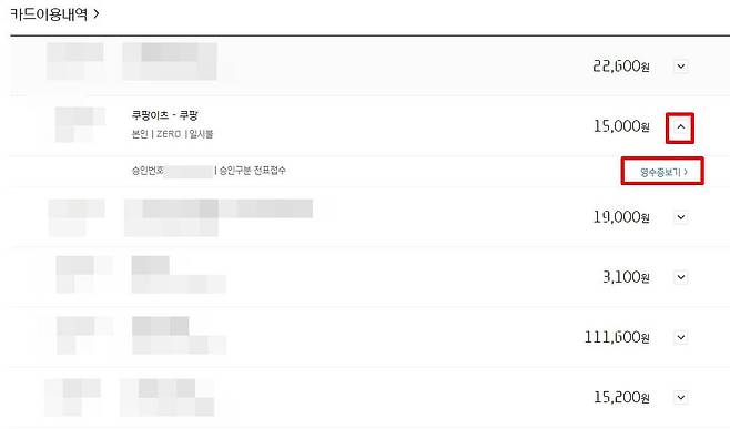 현대카드의 경우, 우측에 있는 화살표를 누르면 '영수증보기' 버튼이 나온다