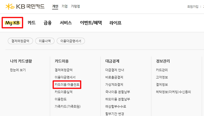 국민카드는 MY KB→카드이용·매출전표