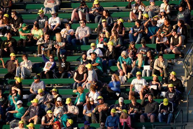 미국 워싱턴주 시애틀에 있는 미 프로야구 메이저리그 시애틀 매리너스 홈구장에서 지난달 14일 신종 코로나바이러스 감염증(코로나19) 예방 마스크를 쓰지 않은 관중이 매리너스와 클리블랜드 인디언스 경기를 즐기고 있다. 시애틀=AP 연합뉴스