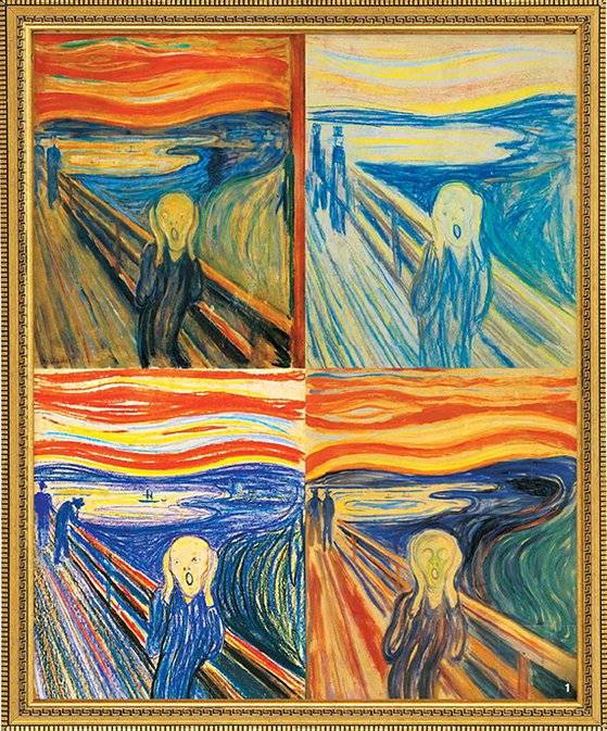 1 뭉크의 유명한 회화 ‘비명’의 4가지 버전. 왼쪽 위부터 시계방향으로 1893년 버전, 1893년 크레용 버전, 1910년 템페라 버전, 1895년 파스텔 버전(2012년 경매 신기록). [사진 각 소장 미술관]