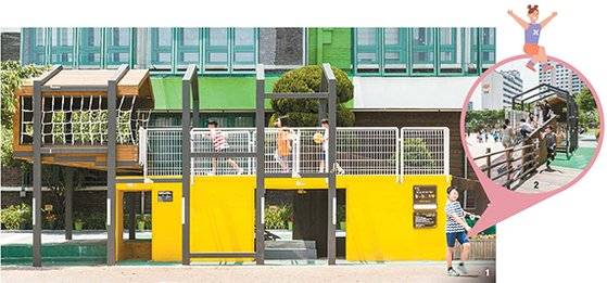 1, 2 놀이터로 리모델링한 구령대. 동답초의 구령대 놀이터에는 미끄럼틀이 없지만 아이들은 스스로 놀이를 개발해 잘 논다. [사진 진효숙]