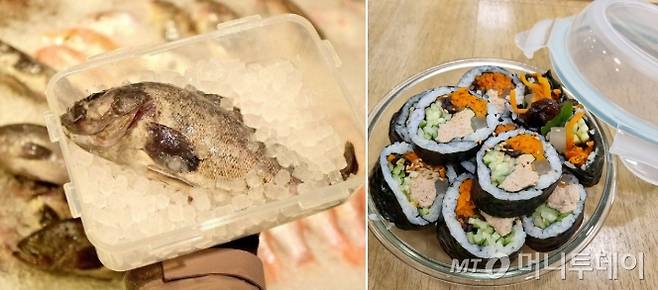 마트에서 생선을 다회용 용기에 포장한 모습(왼쪽), 김밥집에 다회용 용기를 가져가 포장해온 모습./사진=류준열 인스타그램, 김자아 기자