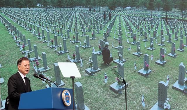 문재인 대통령이 6일 국립서울현충원에서 열린 제66회 현충일 추념식에 참석해 추념사를 하고 있다. 뉴시스