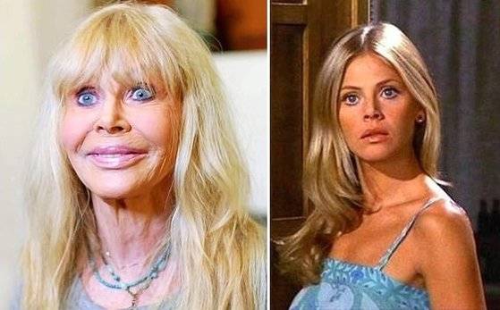 영화 '007 황금총을 가진 사나이'에서 본드걸로 출연했던 여배우 브릿 에클랜드가 자신이 수천 회 성형 시술 받은 사실을 고백하며 '내 생애 가장 큰 실수'라고 말했다. 오른쪽은 그의 젊은 시절 모습. [트위터 캡처]