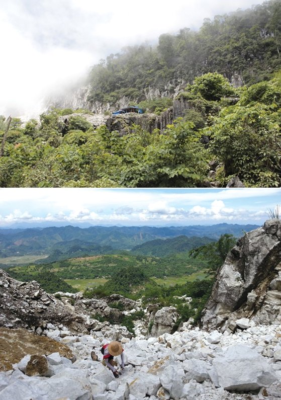 룩옌은 하노이에서 북서쪽에 위치한 옌바이주의 산악 지대로 보석 광산은 산 정상 인근에 위치해 있었다(위). 보석 광산에 가기 위해 도보로 2시간 동안 뾰족뾰족한 바위투성이의 돌산을 타는 모습(아래).