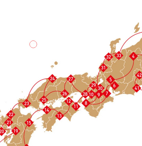 도쿄올림픽 홈페이지에 있는 성화 봉송 지도. 지도를 확대하면 독도 부근에 작은 점이 희미하게 보인다.(사진=도쿄올림픽 홈페이지 캡처)