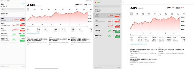 좌측은 아이패드에서 '주식' 앱을 실행한 화면이다. 우측의 맥에서 '주식' 앱을 연 것과 동일한 항목이 있다.