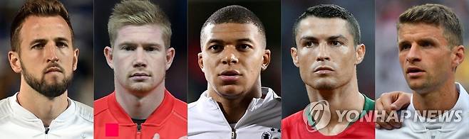 유로 2020을 빛낼 선수들 해리 케인(잉글랜드), 케빈 더브라위너(벨기에), 킬리안 음바페(프랑스), 크리스티아누 호날두(포르투갈), 토마스 뮐러(독일·이상 왼쪽부터) [AFP=연합뉴스]