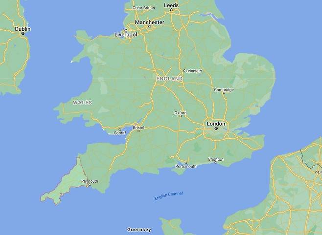 영국 콘월 지도 왼쪽 아래 붉은색 테두리 된 지역이 G7 정상회의가 개최되는 콘월. [구글 지도 갈무리]